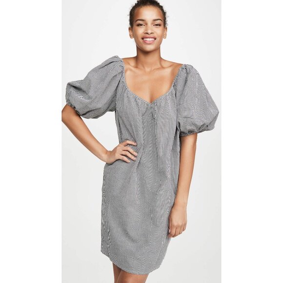 Mara Hoffman Swim Gingham Puff Sleeve Tie Back Mini Dress L Cotton Black White - Picture 1 of 12
